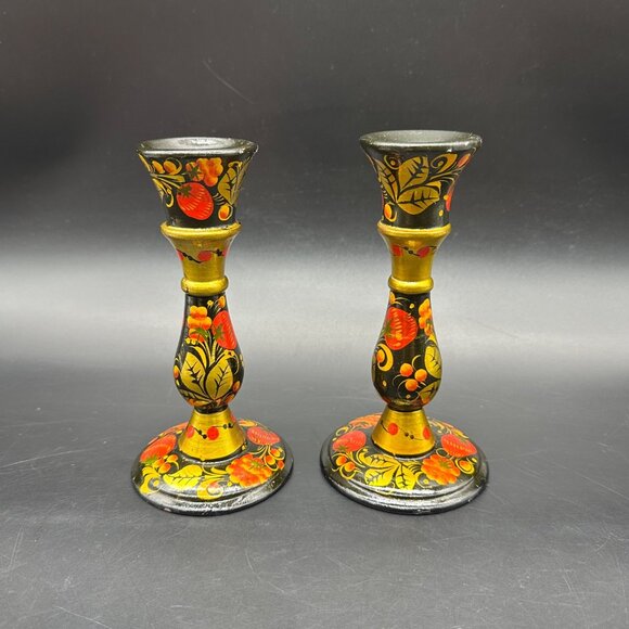 Vintage Khokhloma Candlesticks Hand Painted Russian Floral Fruit Folk Art Wooden - Picture 2 of 12